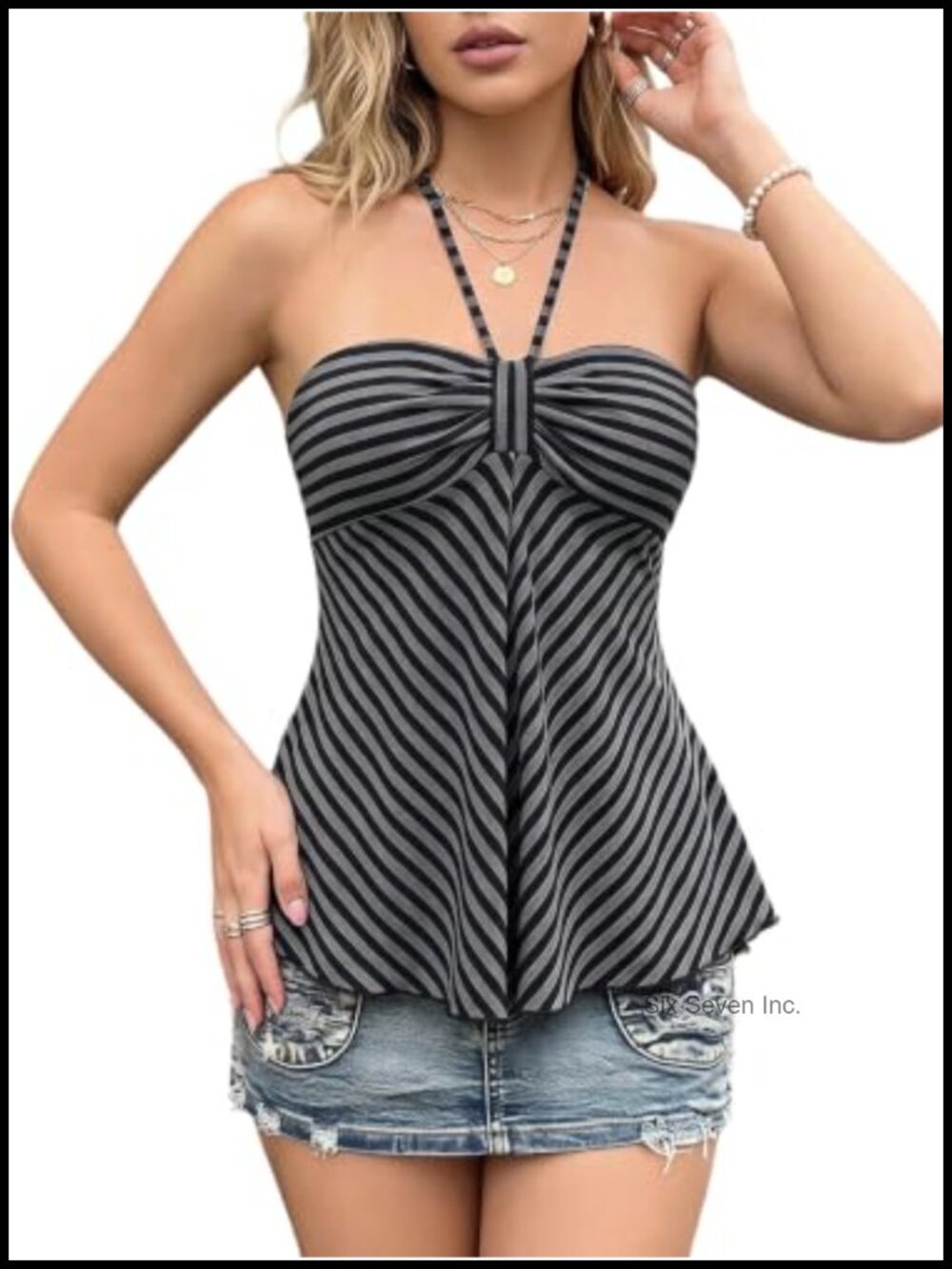 Striped Halter Peplum Cami Top Bow Front Sleeveless Flowy Y2K